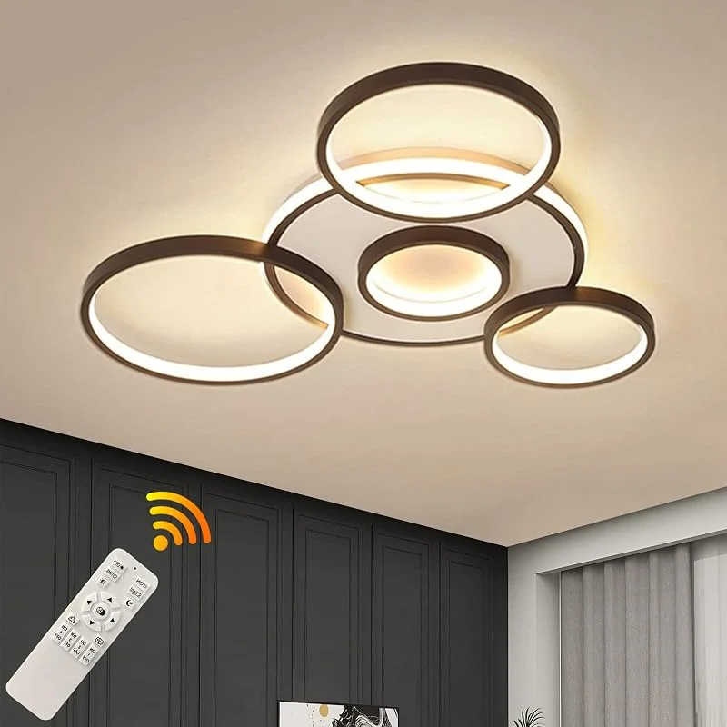 LED Taklampa, Modern 5-Ringars Taklampa I Vardagsrummet, Svart Rund Cirkel 58W, Ø70cm, Sovrums Taklampor Armatur, 2700K-6500K Dimbar Med Fjärrkontroll, Restaurang Inomhus Taklampa — Smart belysning