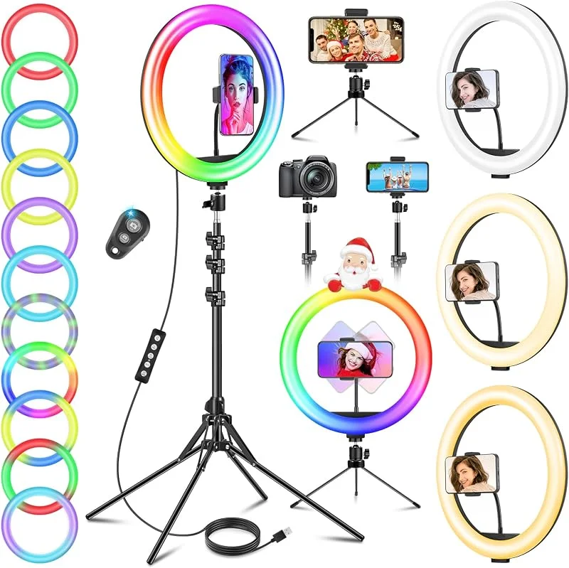11.5 Tum Ringljus med Stort Stativ Hög, GerTong LED Selfie Justerbar Ljusring med 40 RGB Belysningslägen och 13 Nivåer, USB Halo Ringlampa med Fjärrkontroll för Smink, Youtube, Live Stream — Mobil och surfplatta