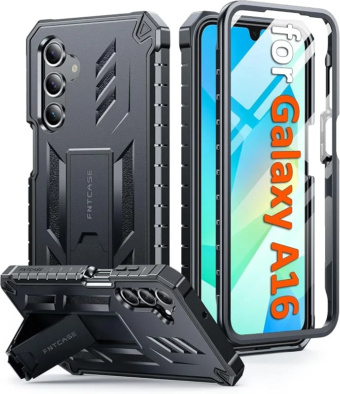 FNTCASE för Samsung Galaxy A16 fodral: droppsäkert skydd i militärkvalitet mobilfodral med ställ, matt texturerad robust stötsäker TPU, skyddande robust telefonfodral – 6, 7 tum (svart) — Mobil och surfplatta