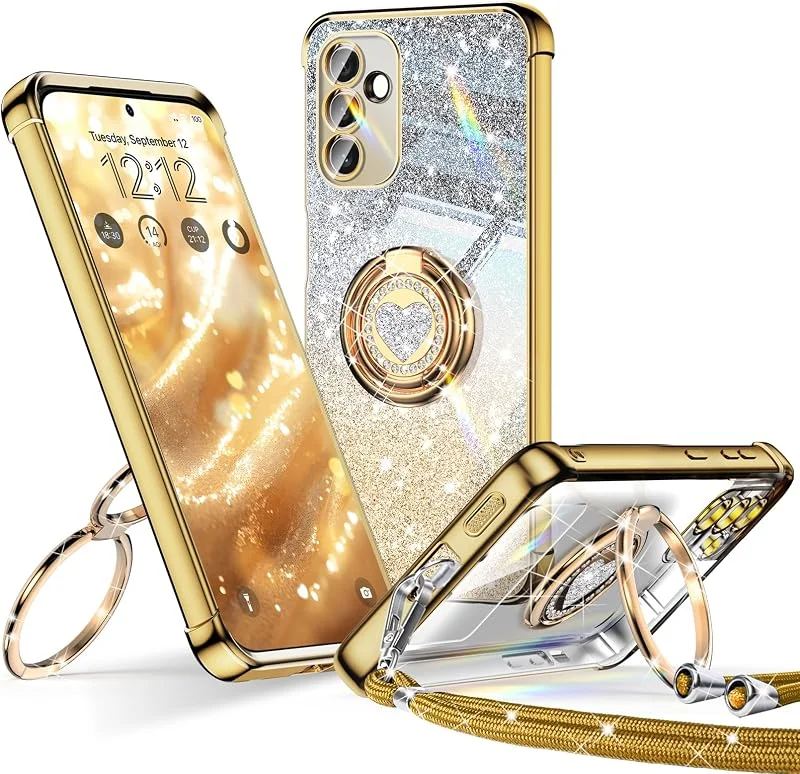 XYZ Samsung Galaxy A26 5G dubbelt stöd lyxigt hjärta design med dragsko för kvinnor och flickor, glänsande glitter skyddande fodral, guld — Mobil och surfplatta