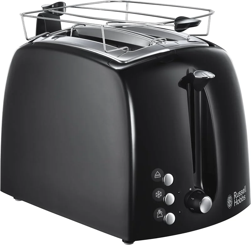 Russell Hobbs brödrost, 2 skivor, extra breda fack, inkl. toasttång, uppvärmningsgaller, justerbar rostningsgrad, upptiningsfunktion, 850W, svart, Texture Plus 22601-56 — Kök & Hushåll