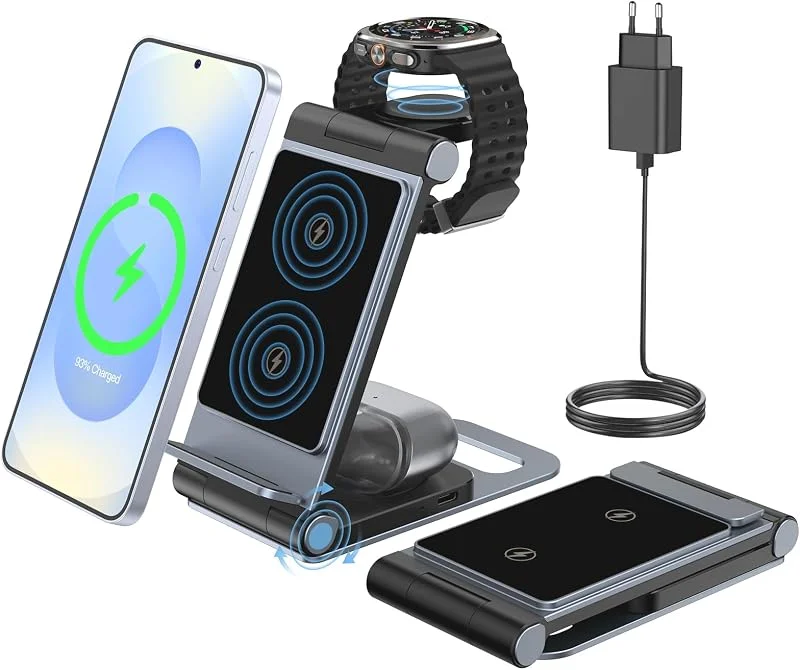 3 in 1 Trådlös Laddare Foldable Wireless Charger for Samsung S26, S25, S24, S23, S22, S21, Z Flip Z Fold 7, 6, 5, 4, for Galaxy Watch Classic, Ultra, 8, 7, 6, 5, 4, 3, for Galaxy Buds Travel Stand — Mobil och surfplatta
