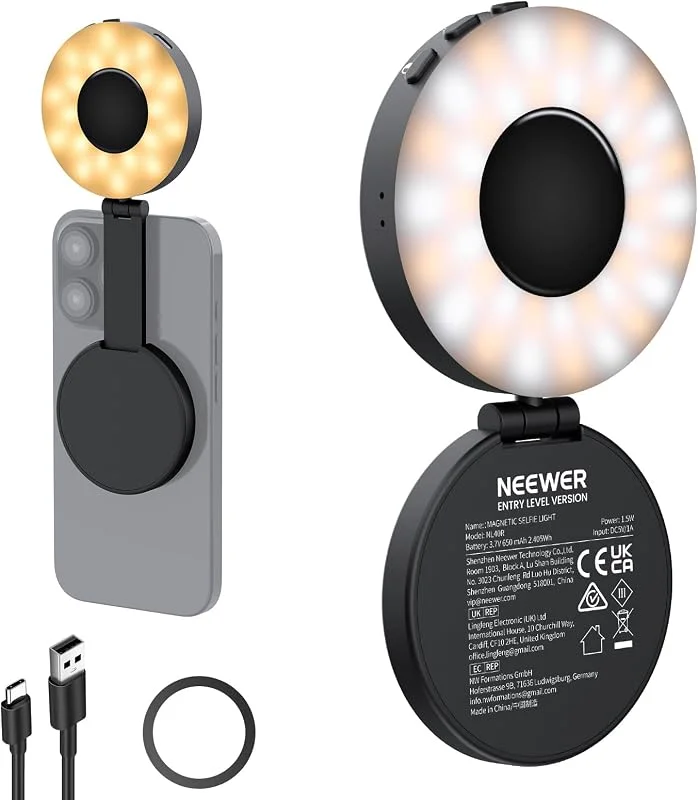 NEEWER ENTRY NIVÅ VERSION Magnetisk selfie-lampa kompatibel med MagSafe iPhone, 4-läge CRI95 + 914 lx 1, 5 W plast vikbar liten LED-telefon fyllning ringbelysning för inspelning av smink och — Mobil och surfplatta