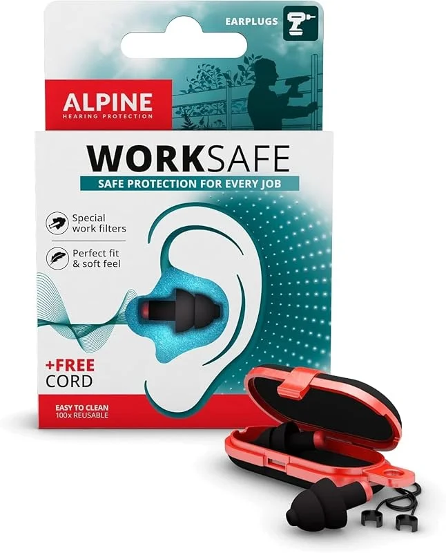 Alpine WorkSafe öronproppar för arbete och DIY – Återanvändbara hörselskydd med säkerhetssnöre – Bekväma, hypoallergena öronproppar mot maskinbuller – 23 dB SNR, ANSI och CE-certifierad — Hörlurar och ljud