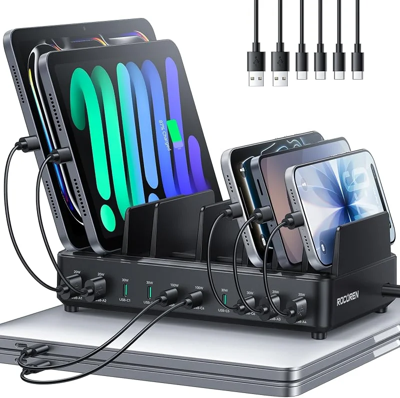 400 W Rocoren Multi-enhetsladdningsstation med USB-C, PD100W GAN 10 portar, skrivbordsladdare för mobiler med snabbladdning, kompatibel med MacBook Pro, Air, iPh0ne och Galaxy — Mobil och surfplatta