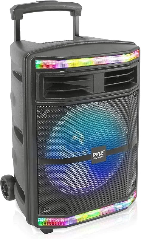Pyle Partyhögtalare 600W Bluetooth – Portabel Musikbox med Batteri, Hjull och Handtag, 10" Subwoofer, Karaokehögtalare med LED-ljus, USB, SD, MP3 & Mikrofoningång för Fest, Utomhus & Event — Hörlurar och ljud