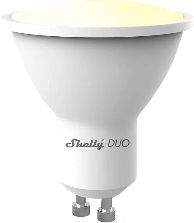 Shelly Duo GU10 Vit - Wi-Fi ansluten glödlampa, 5 W 100-240 V~, 400 lm, Dimbar, 2700 K – 6500 K, Röststyrning, Energibesparing — Smarta hem
