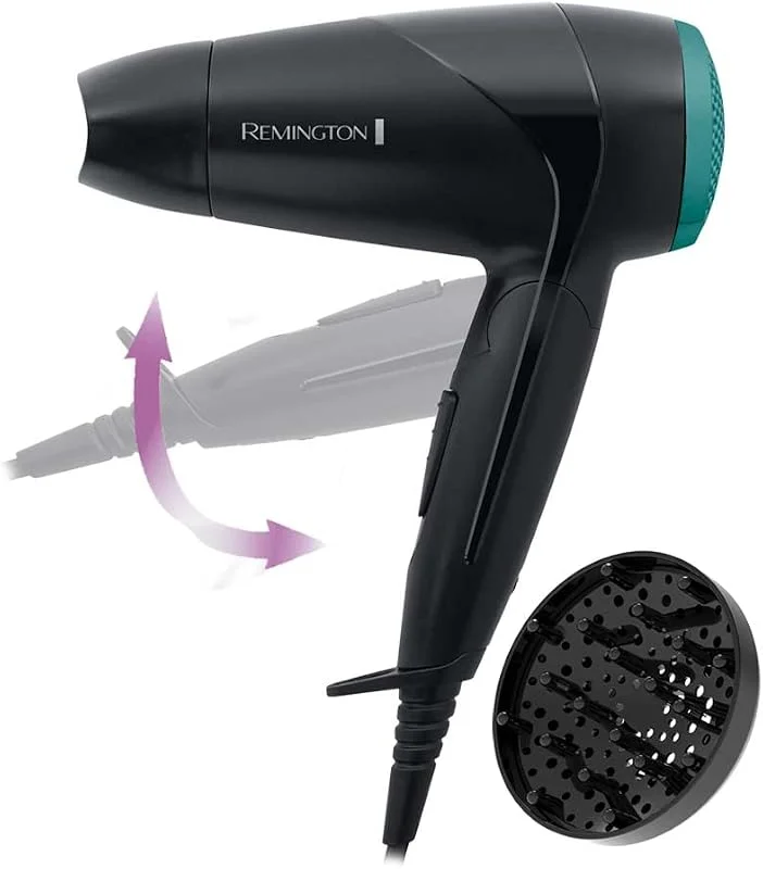 Remington hårfön, 2000W, vikbar för enkel förvaring, 2 värme och hastighetsinställningar, voltomställning för hela världen, stylingmunstycke, diffuser, upphängningsögla, D1500 — Hårvård