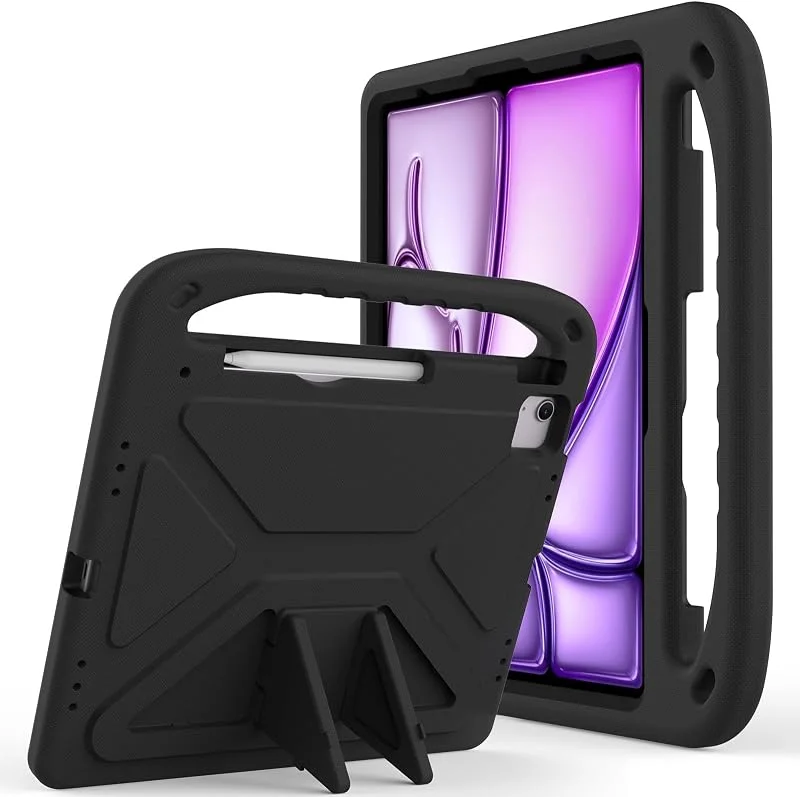 Kompatibel med iPad Air 13 tum M3 2025, Air 13 tum M2 2024 barnfodral, lätt EVA barnvänligt stötsäkert skyddande fodral, handtagsstativ slitstark surfplatta fodral (svart) — Mobil och surfplatta