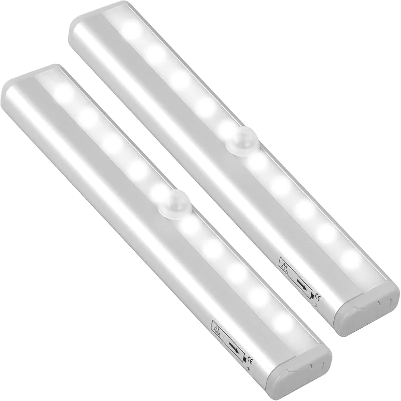Jinlaili 2-pack trådlösa lampor för skåp, 10 LED-rörelsesensorlampor för garderob, lampor under skåp med magnetremsa, batteri LED-ljusstång för kök trappor sovrum — Smart belysning
