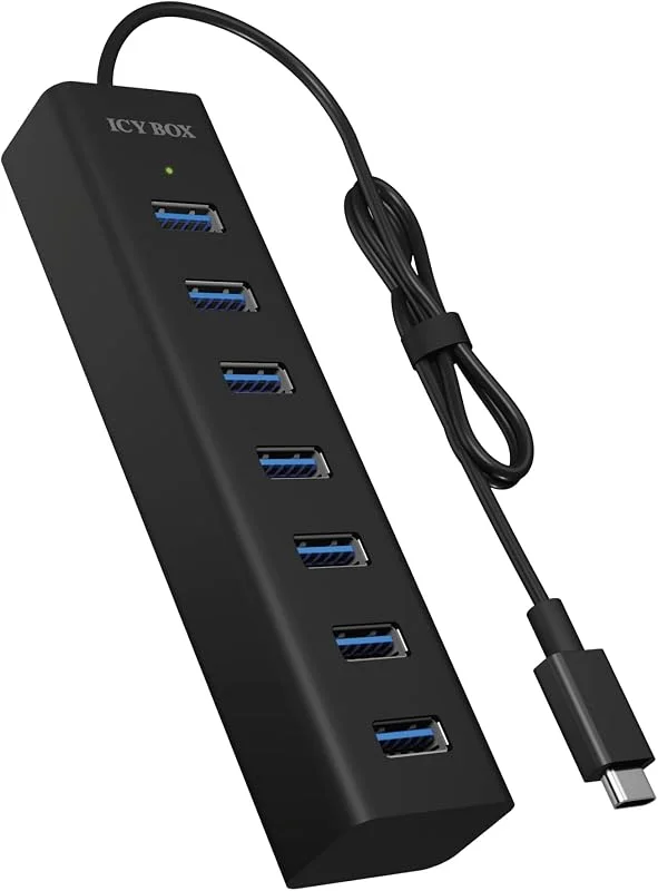 ICY BOX IB-Hub 1700-C3 7-vägs USB Type-C-hub med 7 x USB 3.0 (Type-A) portar och strömförsörjning, integrerad kabel, aluminium, svart — Laddning och kablar