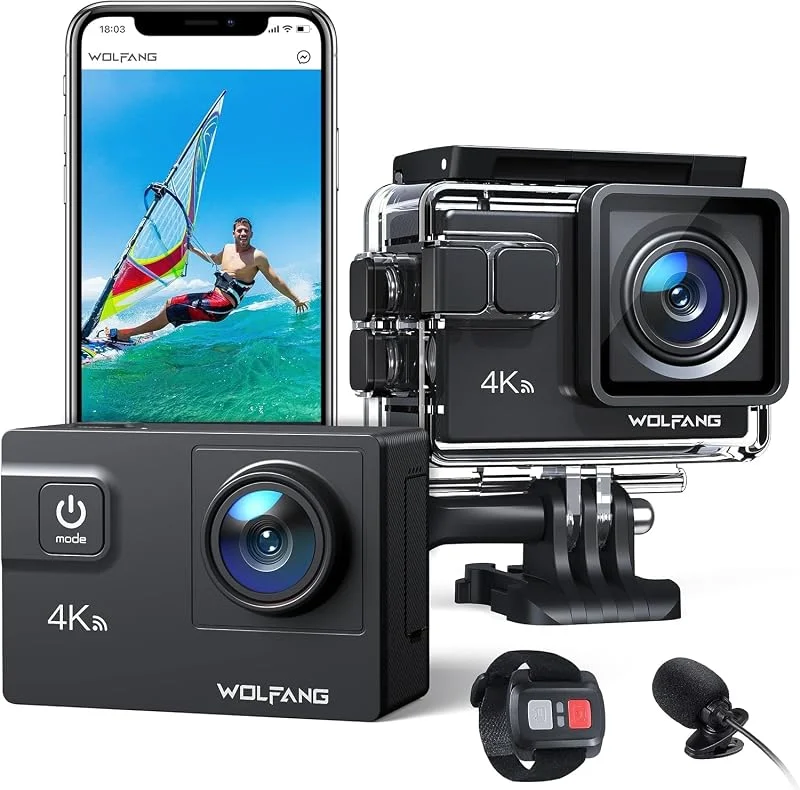 WOLFANG Action Cam 4K 20 MP sportkamera WiFi undervattenskamera 2, 4 G fjärrkontroll vattentät 40 m 2, 0 tum LCD-skärm 170° vidvinkel med två 1350 mAh batterier extern mikrofon — Portabel digital och ljud