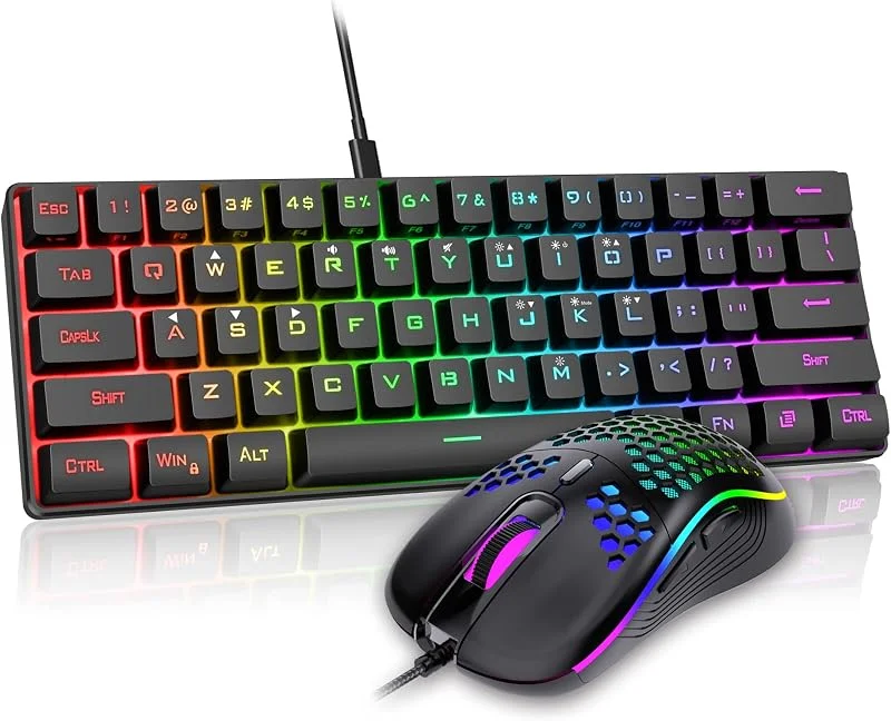 RedThunder Mekaniskt tangentbord med 60 % spel, dynamisk RGB-bakgrundsbelysning, 7 200 dpi lätt mobilmus, ultrakompakt tangentbord med 62 tangenter anti-ghosting, QWERTZ DE-layout, för PC, PS5, Xbox — Datortillbehör