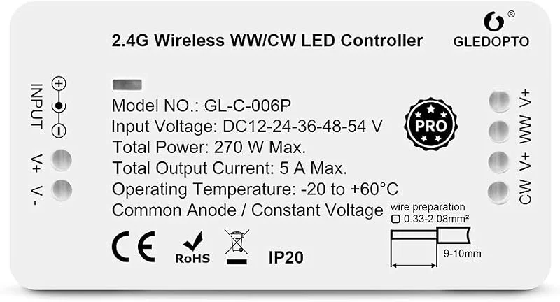 GLEDOPTO ZigBee CCT-styrenhet för justerbar vit LED-remsa varmvit till kallvit för 12V 24V testad med Philips Hue*, Amazon Echo, Homey (CCT Pro-serien) — Smarta hem