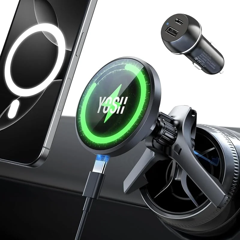 YOSH Mag-Safe billaddarfäste med rund billaddare för Mercedes Audi A1 Mini Cooper 2020-2023 & Countryman, 15W snabbast laddande magnetisk telefonhållare för iPhone 16~12-serien & Mag-Safe-skal — Mobil och surfplatta