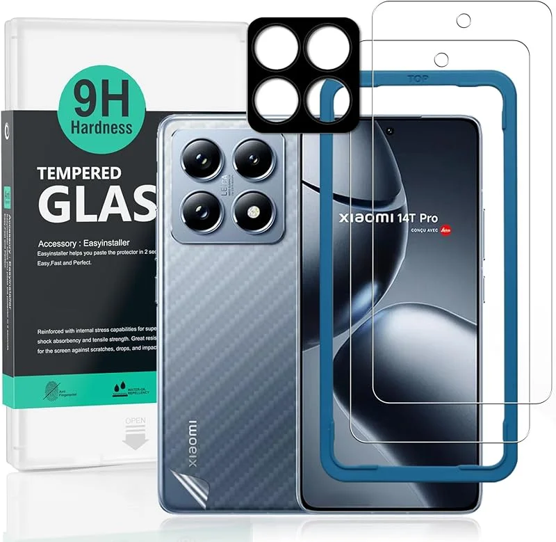 Ibywind 2-pack skärmskydd för Xiaomi 14T Pro 5G 6, 67", 9H hårdhet härdat glas, med 1Pc skydd för kameralinsen, 1Pc kolfiberfilm för baksidan, Inga bubblor, lätt att installera — Mobil och surfplatta