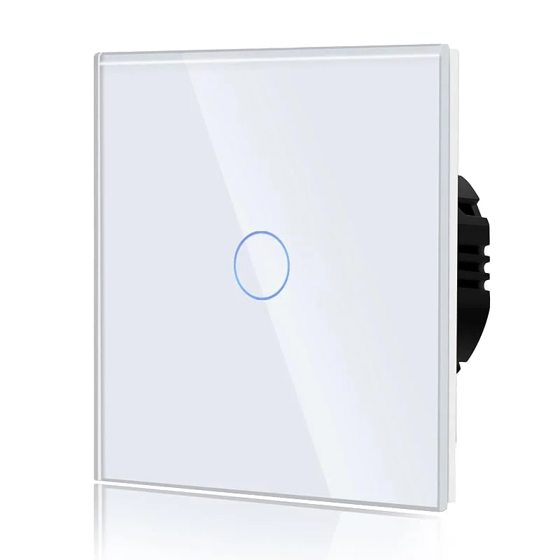 BSEED Touch-strömbrytare, glas, beröring, väggljusbrytare, standard 110 –240 V, härdad kristallplatta med LED-bakgrundsbelysning 1-facks 1-vägs, vit — Smarta hem