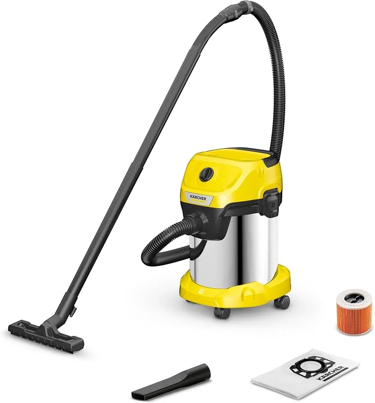 Kärcher Grovdammsugare för vått och torrt WD 3 S V-17, 4, 20, blåsfunktion, effekt: 1000 W, rostfri behållare: 17 l, sugslang: 2 m, inkl. patronfilter, fleecefilterpåse, golv- och fogmunstycke — Hushållselektronik