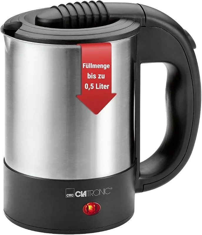 Clatronic WKR 3624 resekanna, kapacitet upp till 0, 5 liter, perfekt för resor, camping och på språng, inkl. 2 koppar 170 ml, transport, resväska och kaffesked, rostfritt stål, svart — Kök & Hushåll