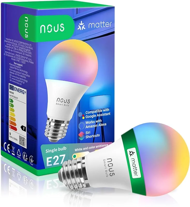 NOUS P3 Smart WIFI glödlampa RGB E27, kompatibel med Matter, Alexa, Home Assistant & Apple HomeKit, Smart Home, fjärrkontroll, LED-lampa färgförändring, RGB-glödlampa, 2, 4 GHz WiFi — Smarta hem