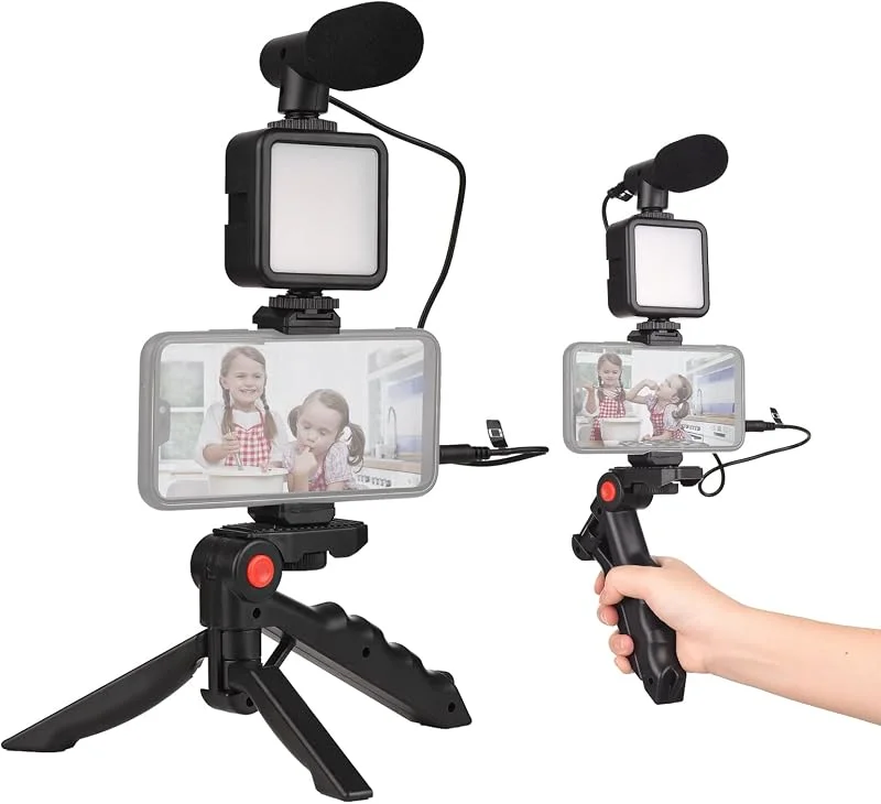 Andoer Smartphone Vlog-kit, mini LED-videolampa + kardioidmikrofon + utdragbar telefonklämma + stativ med justerbar ljusstyrka för livestream, vlog, videoinspelning, videokonferens, selfie — Mobil och surfplatta