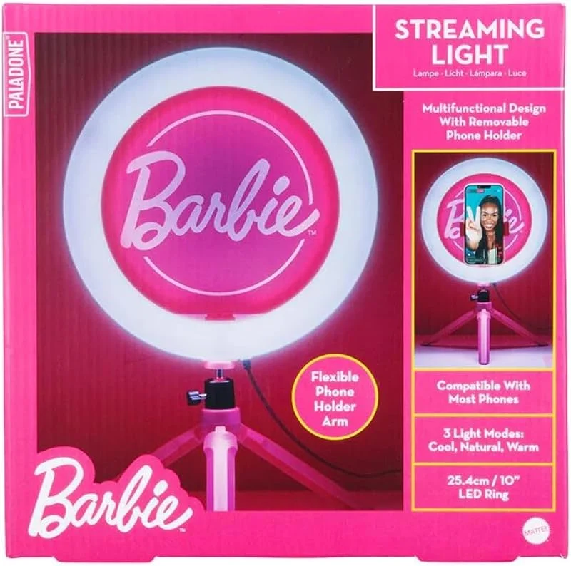 Barbie Streaming Light – Officiellt licensierad justerbar ringlampa med telefonhållare, 3 ljuslägen, varm, sval och neutral, present till flickor, Paladone — Mobil och surfplatta
