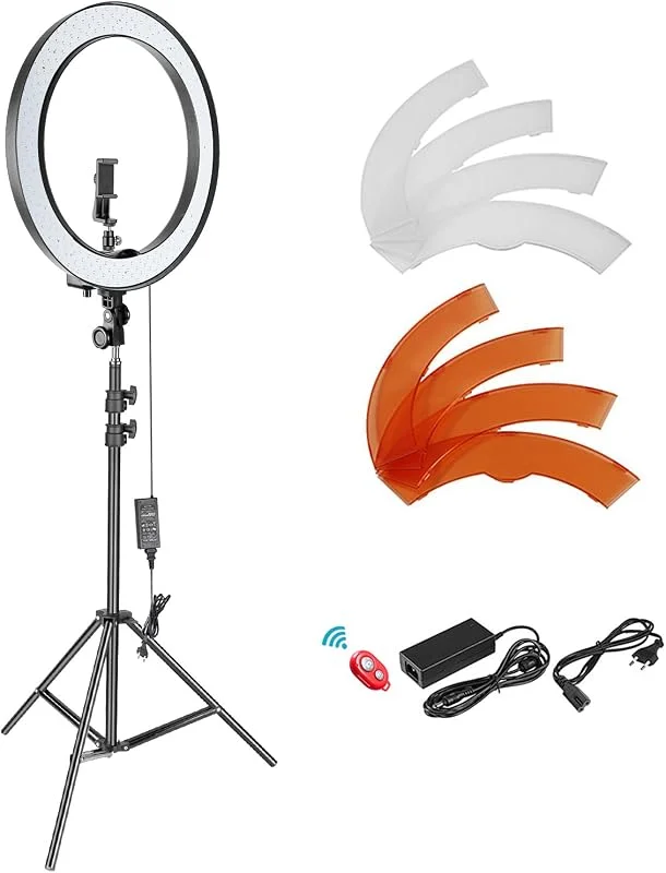 NEEWER 18 tums SMD LED-ringljus, dimbart belysningsset med 78.7" ljusstativ, filter och blixtskoadapter för LED-studiobelysning för porträtt, YouTube, TikTok och videoinspelning (ingen väska) — Mobil och surfplatta