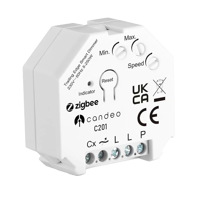 Candeo Zigbee C201 Smart Dimmer Switch-modul, Kompatibel med Standard Zigbee-hubs, SmartThings, Hubitat, Echo, Ikea, Philips Hue, Alexa & Google Home, 250 W LED och halogen, Ingen neutral kabel — Smarta hem