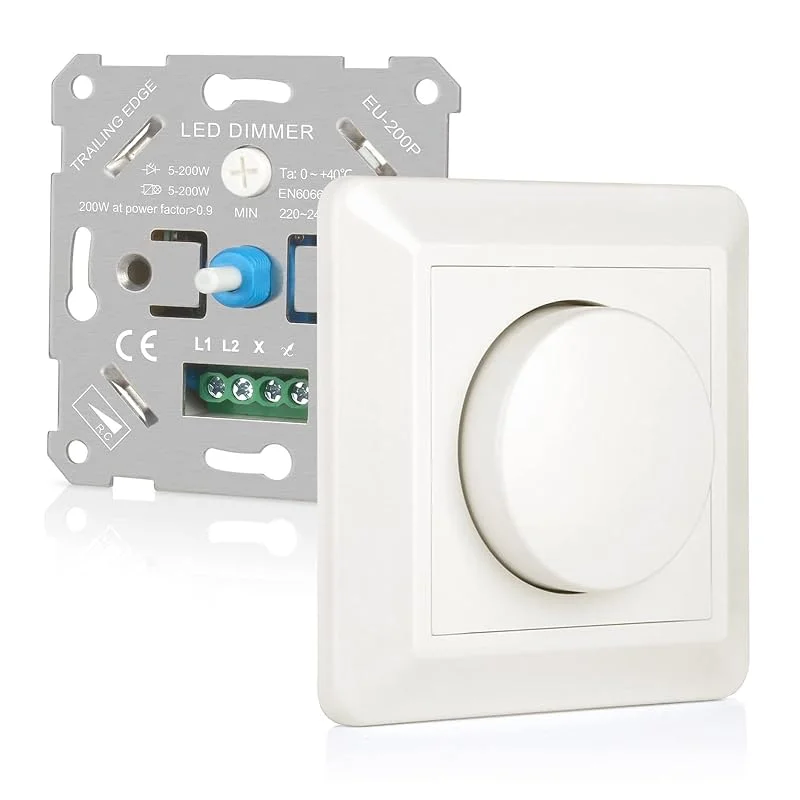 VIPMOON Dimmerströmbrytare 220–240 V dimmer för LED-lampor Push-On, Off roterande fasavsnittsdimmer för dimbara LED-lampor, glödlampa och halogenlampa (Vit 5-200W) — Smarta hem