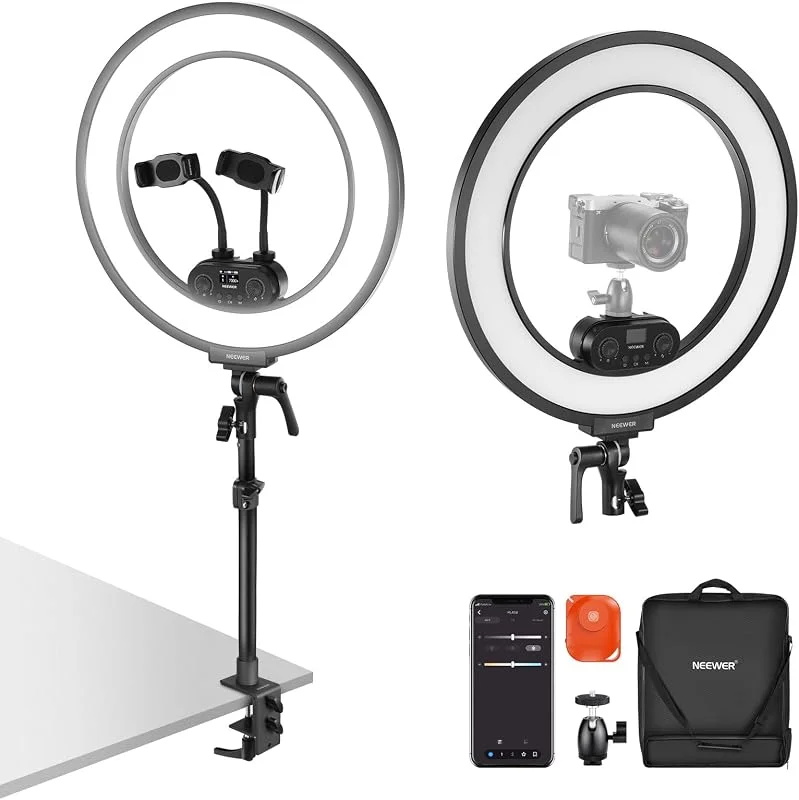 NEEWER RL45B 18" ringlampa med kantbelysning för skrivbord, mobiltelefon, kamera, bärbar dator, LED-belysningskit, telefonhållare, bordsstativ, kulledsfäste, webbkamera, zoomsamtal, streaming, selfie — Mobil och surfplatta