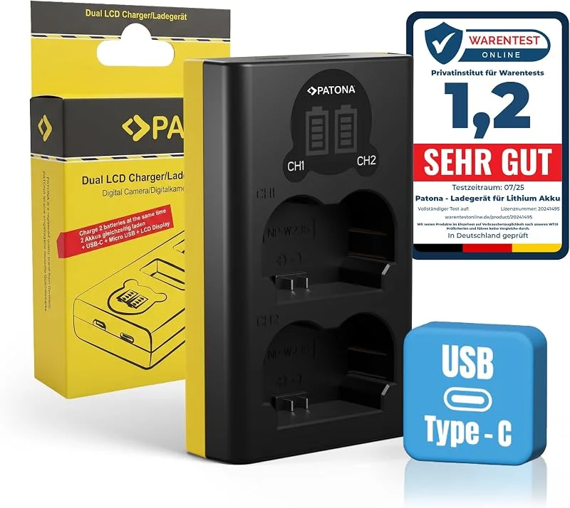 PATONA 1888 Dual LCD Batteriladdare USB-C, Micro-USB för Fujifilm NP-W235 — Laddning och kablar