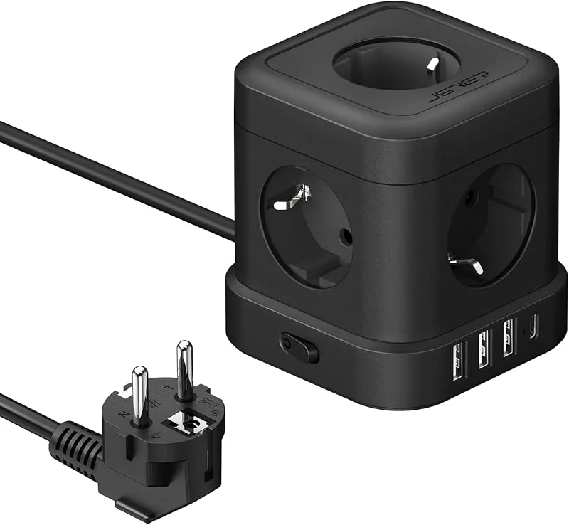 JSVER Cube Power Strip 5 Uttag med 4 USB-portar Reseladdare(5V, 3, 4A, 17W), Skrivbord med Fera Uttag med Switch för Kontor, Hem eller Resor 2m Kabel-Svart — Laddning och kablar