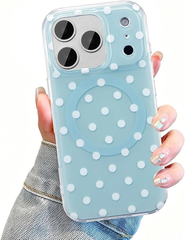 UEEBAI Magnetiskt fodral för iPhone 17 Pro Max, estetisk polka prickmönster silikon mobiltelefonfodral med trådlös laddning, stötsäkert skyddsfodral, mjukt stötdämpande fodral för kvinnor och flickor — Mobil och surfplatta