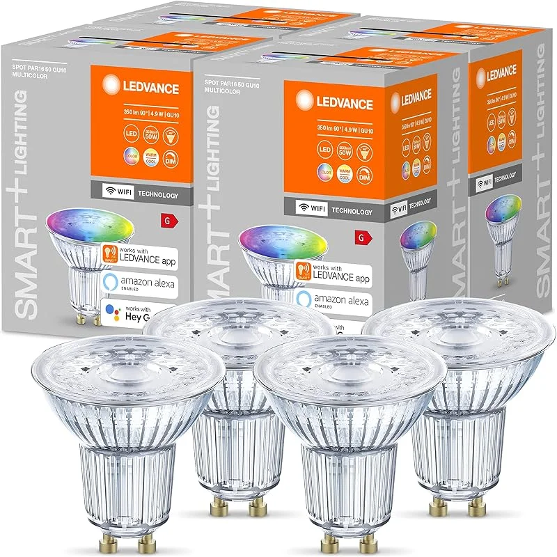 LEDVANCE Smart LED-reflektorLampor med WiFi-teknik, GU10-sockel, ljusfärg som kan ändras (2700-6500K), RGB-färger som kan ändras, dimbar, ersätter reflektorlampor med 50 W, 4-pack — Smarta hem