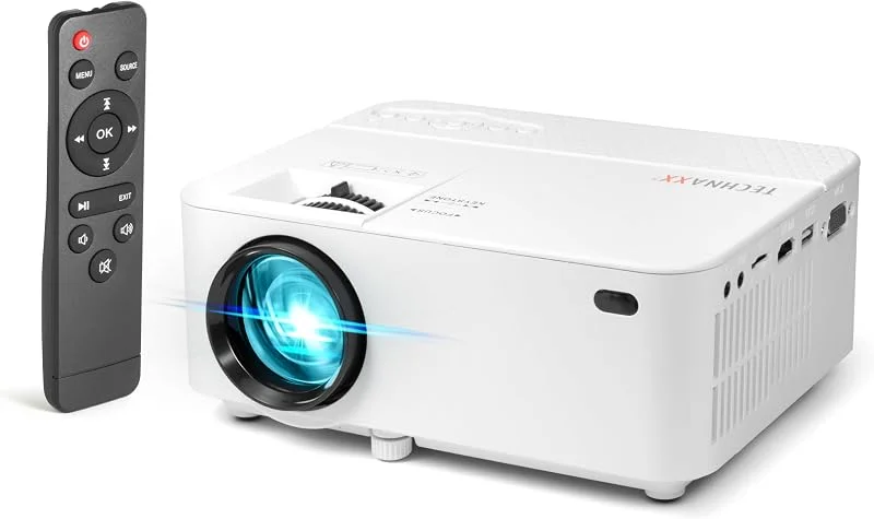 Technaxx Mini LED Projektor 1800 Lumen, Multimediaprojektor 32–176 Tum, HDMI USB VGA AV MicroSD, Portabel Mini Projektor för Hemmabio, Smartphone, PC & Spelkonsol, LED 40 000 Timmar – TX-113 — Portabel digital och ljud