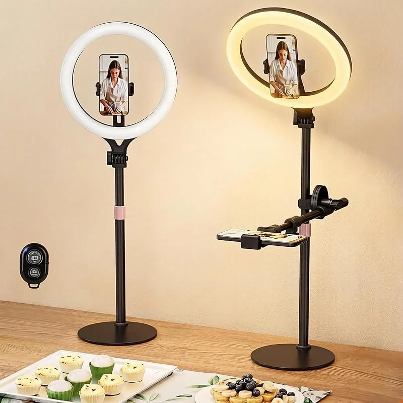11 tums skrivbordsringlampa, Bluetooth trådlös ring med stativ och telefonstativ, telefonhållare för videoinspelning, stativ för matlagning av videor, lampa — Mobil och surfplatta