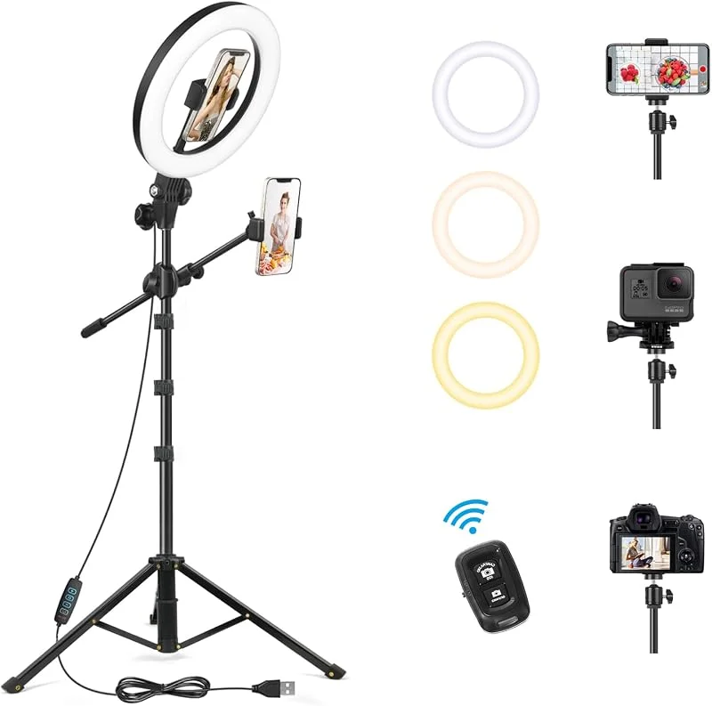 LUXSURE 26, 7 cm (10, 5 tum) ringlampa med stativstativ och telefonhållare, telefonmontering över huvudet med 2 fotograferingslägen, stativ för iPhone med ljus, ringlampa, stativ för livestream — Mobil och surfplatta