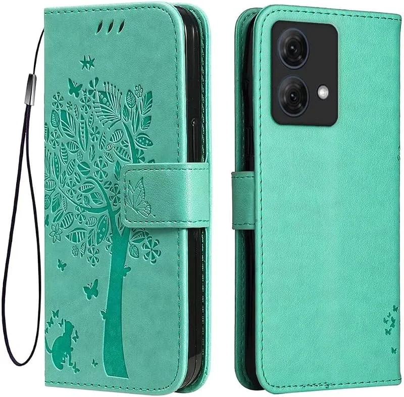 Topme Läderfodral till Motorola Moto g84 (6, 5 tum tum), [ katt och träd mönster stil telefonfodral] - grön — Mobil och surfplatta
