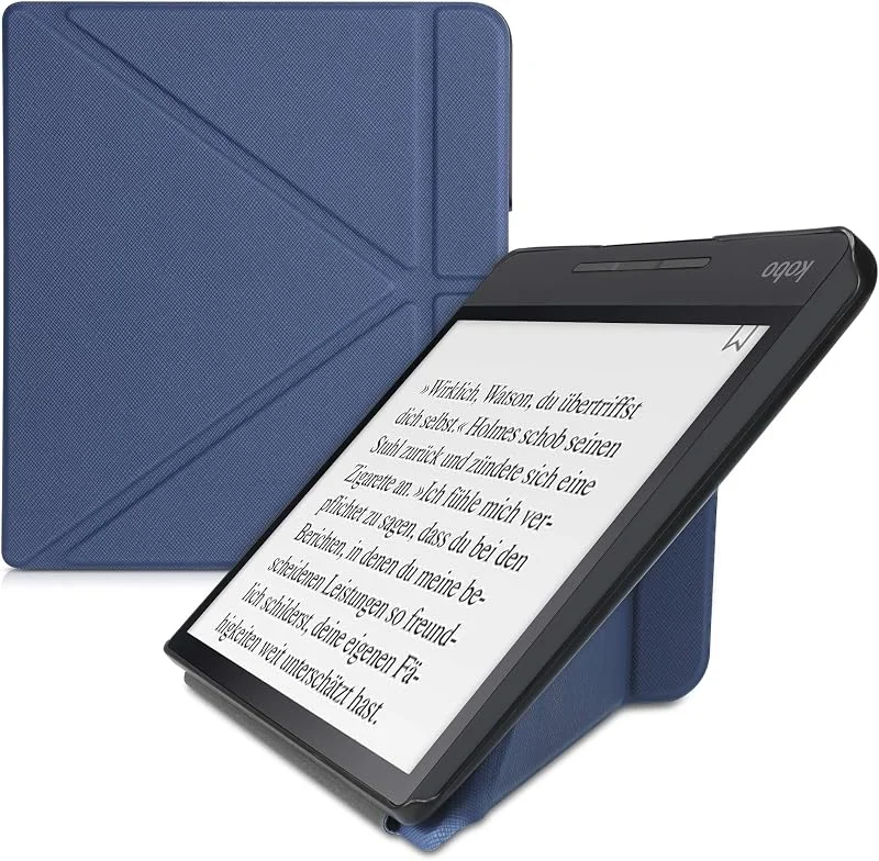 kwmobile Skyddsfodral för Kobo Forma – Konstläderfodral – eReader-fodral med automatisk vilolägefunktion – Ställbart fodral – Mörkblå — Portabel digital och ljud