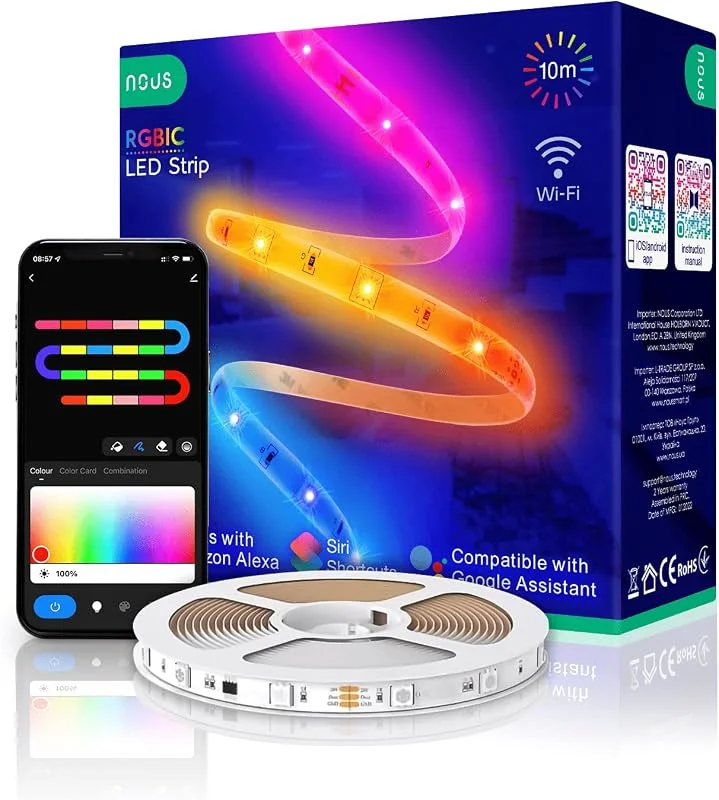 NOUS Alexa RGBIC LED-band 10 m - Wi-Fi dimbar våtrumsdekal kompatibel med Amazon EchoTuya Smart Inomhusbelysning, TV-remsor, lampor — Smart belysning