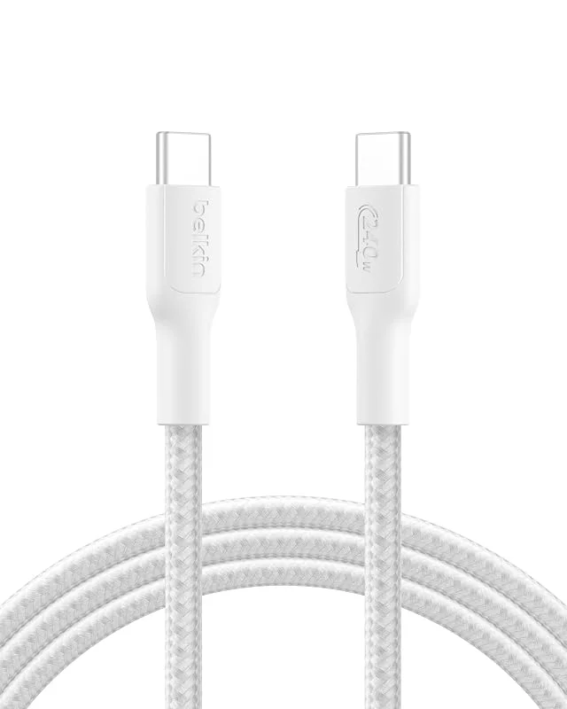 Belkin Eco flätad Kabel för USB-C till USB-C (2 m, 240 W) - Mjuk, flexibel snabbladdningskabel, laddningsKabel för Type-C för iPhone 16, Galaxy S25, Pixel 9, MacBook, iPad Pro, m.fl. - Vit (USB 2.0) — Mobil och surfplatta
