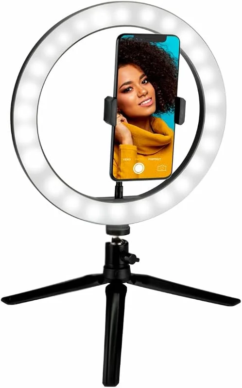 Grundig Ringlampa med stativ - ringljus 25 cm - Tiktok ringlampa med 120 lysdioder - 3 belysningslägen - USB-kabel - med telefonhållare — Mobil och surfplatta