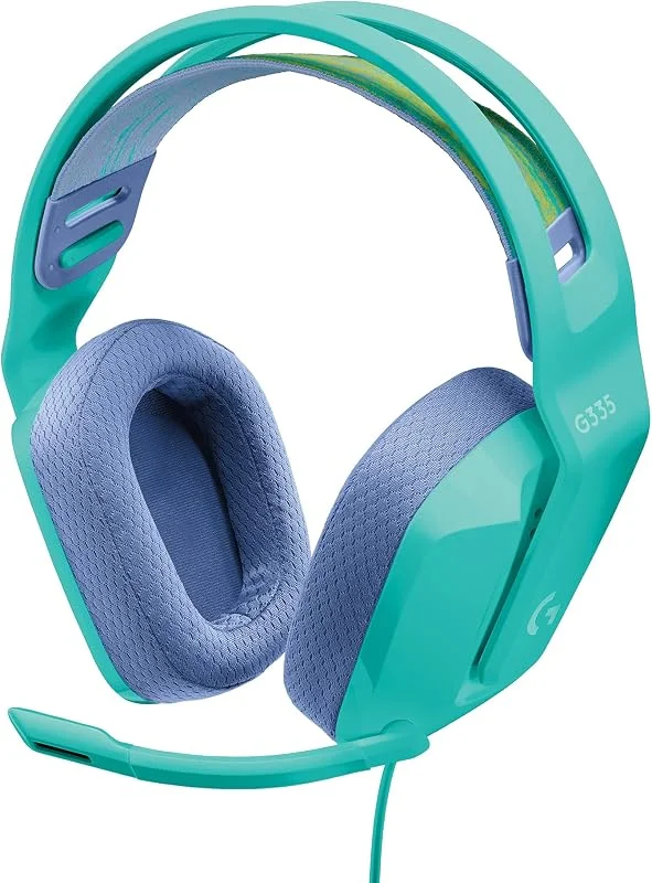 Logitech G G335 trådat spelheadset, med mikrofon som vänds upp för ljud av — Hörlurar och ljud