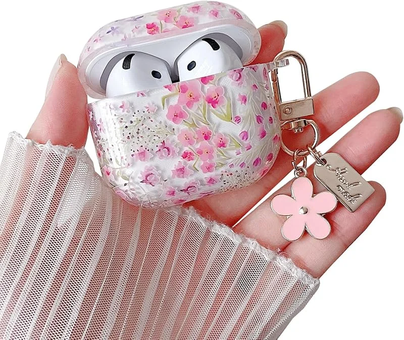 MINSCOSE Kompatibel med AirPods 4 genomskinligt fodral, söt tecknad blomdesign med rosa blomma nyckelring mjuk TPU-skyddande fodral för Airpod 4 för kvinnor och flickor – rosa blomma — Mobil och surfplatta