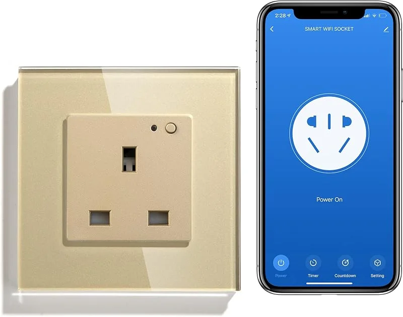 BSEED WiFi smart uttag enpolig Alexa växlat sockel indikator på, av-knapp 86 mm termos glaspanel 1 gäng 1 väg Alexa, Google, Echo prick inbäddat vägguttag guld — Smarta hem