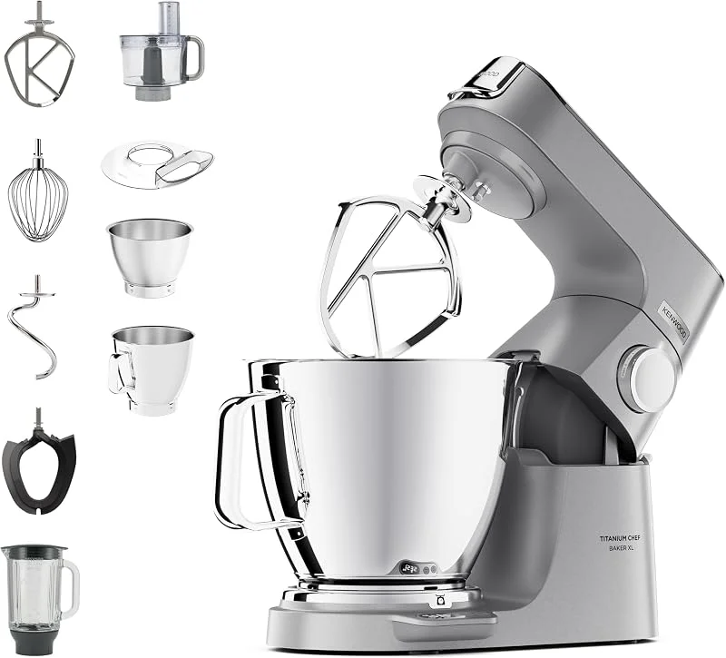 Kenwood Titanium Chef Baker XL Kvl85.424Si - Matberedare med Integrerad Våg & 2 Blandningsskålar, 1200W, inkl. 4-delad Konditorisats, Glasblandningstillbehör & Hackare, Silver — Kök & Hushåll
