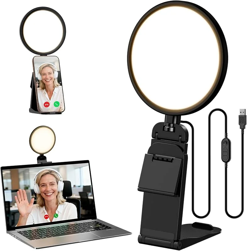 Datorzoombelysning för videokonferens, 5 tum liten ringlampa med 50 lägen CRI>97, 8, 3000K-6000K för videoinspelning, streaming, selfie, skrivbord för telefon, laptop, webbkamera, bildskärm — Mobil och surfplatta
