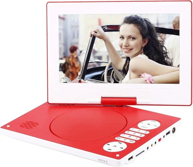 YOOHOO Bärbar DVD-spelare 12, 5 tum med 10, 5 tum, 270° roterbar HD-svängbar skärm med uppladdningsbart batteri, AC-adapter stöder alla regioner, flera region, DVD-spelare för bil (röd) — Portabel digital och ljud