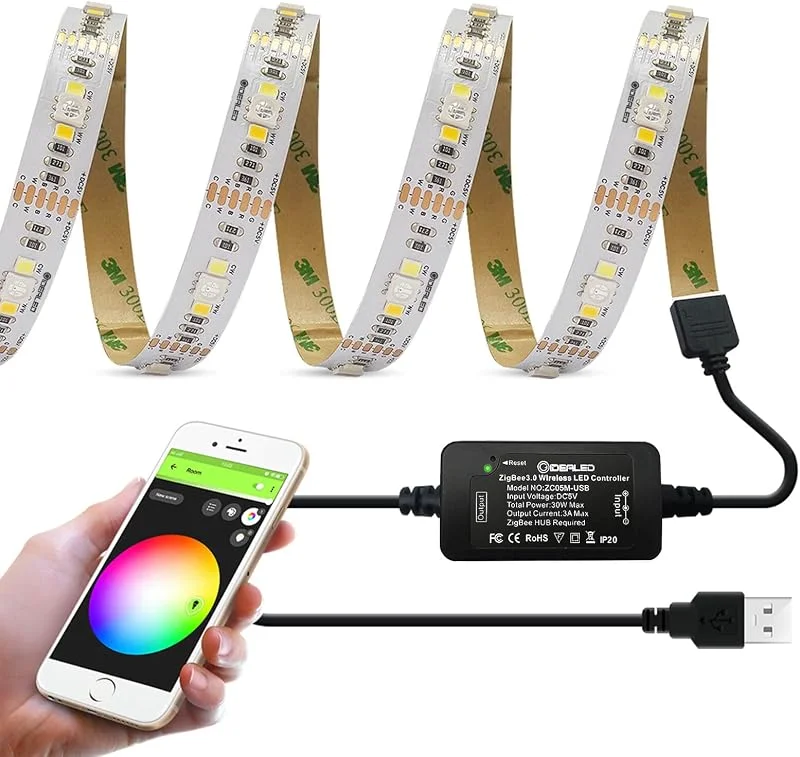GIDEALED ZigBee 3.0 USB RGBWW LED-remsa fungerar med Hub Bridge, Alexa Echo Plus för smart app, röststyrning RGB kall vit varm vit TV-atmosfär ljuslist 5 V Alexa LED-remsa RGBCCT — Smarta hem
