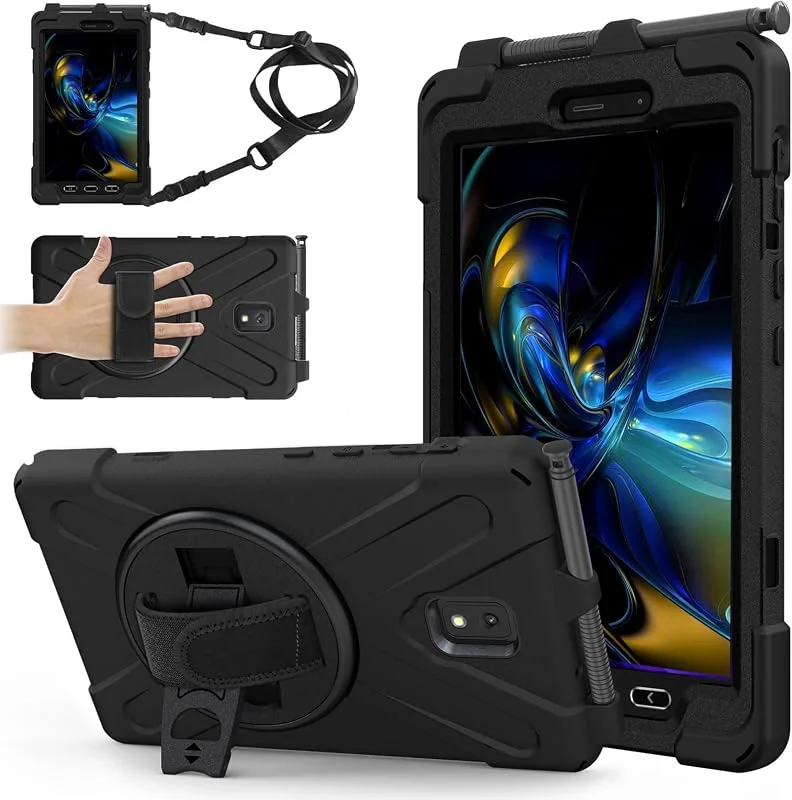 TECHGEAR X-fodral passar Samsung Galaxy Tab Active 5 8 tum (SM-X300, SM-X306) tuff robust kraftig rustning stöttåligt Impact Case med 360 roterande stativ, handrem och axelrem – svart — Mobil och surfplatta